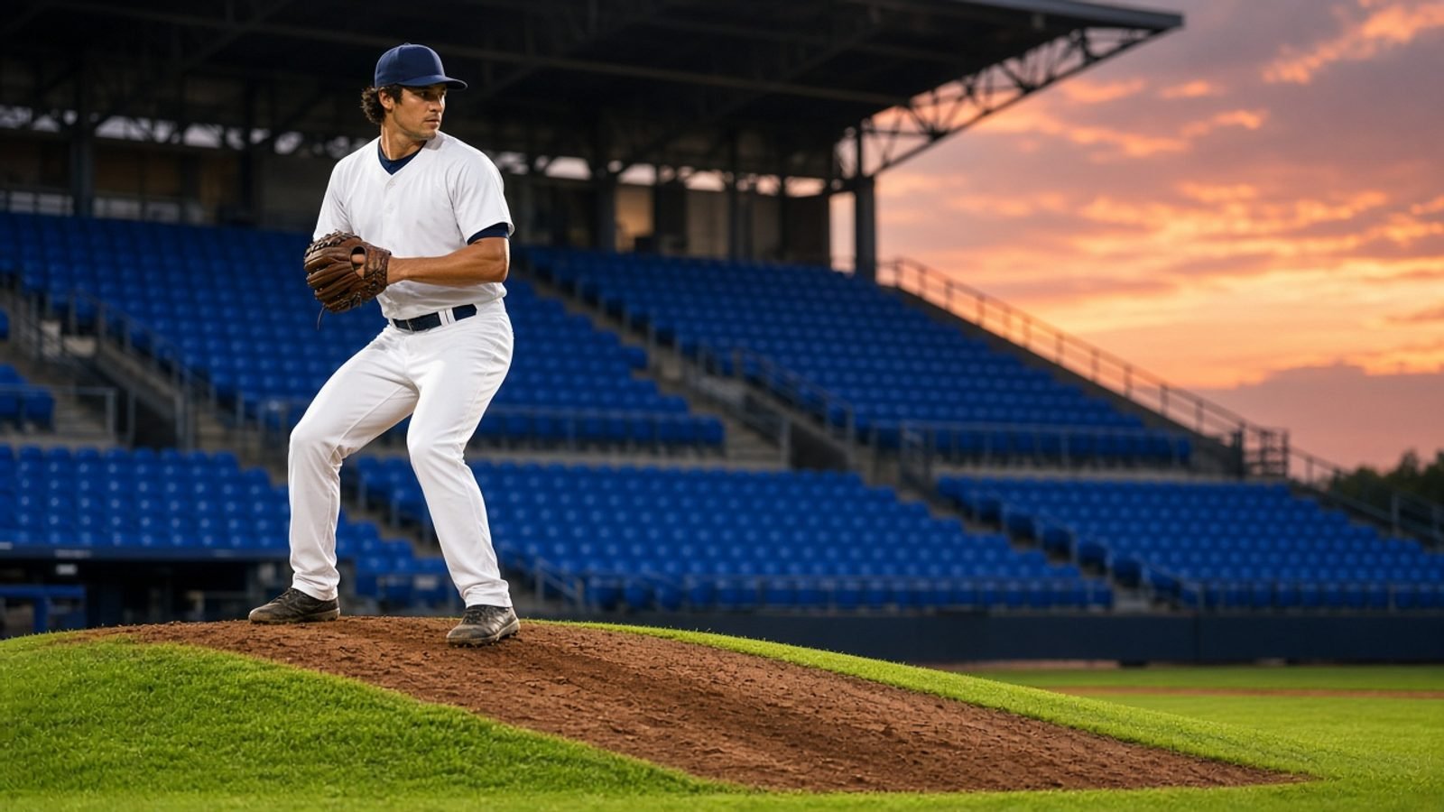 A pitcher on vivid green grass under warm stadium lights and an orange sunset sky