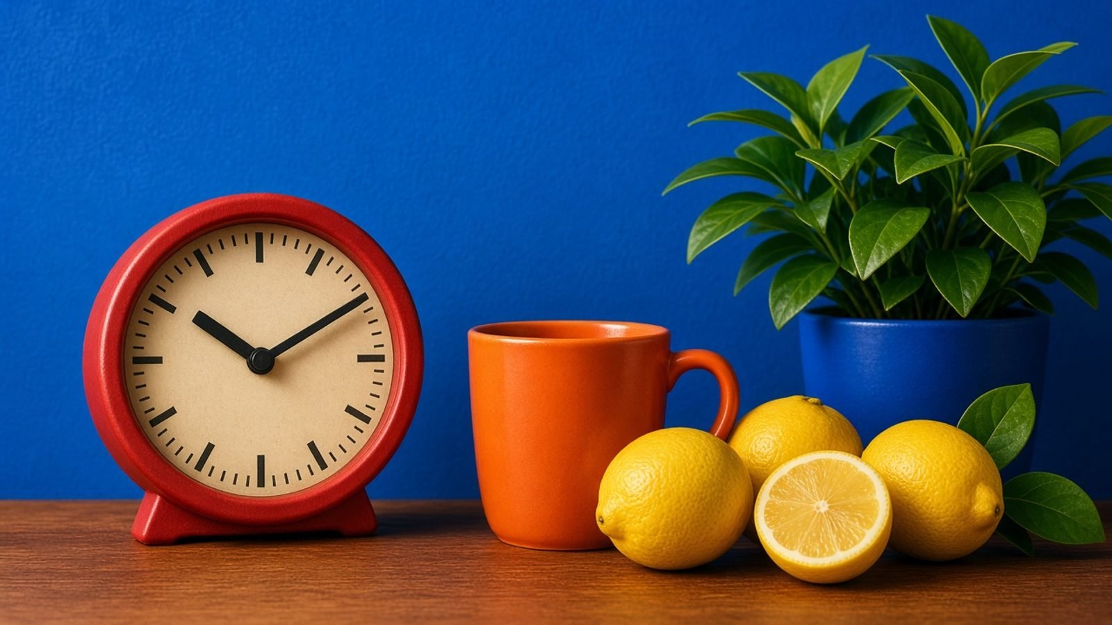 A red-handed clock beside an orange mug, yellow lemons, and a green plant on a cobalt wall