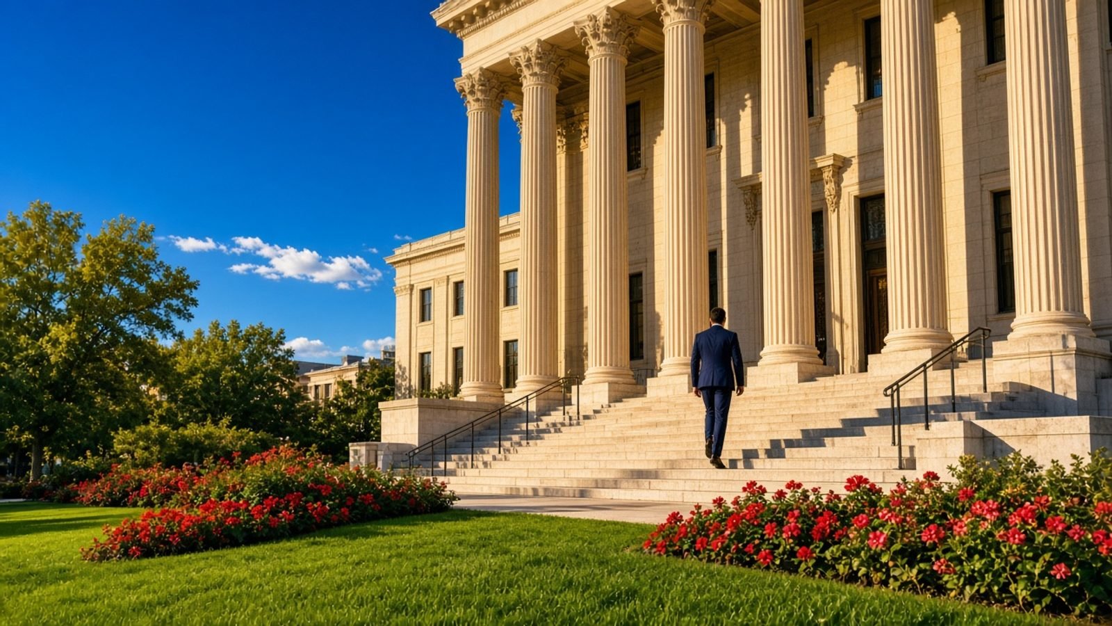A navy-suited person on gold-lit courthouse steps with emerald lawn, red flowers, and royal-blue sky
