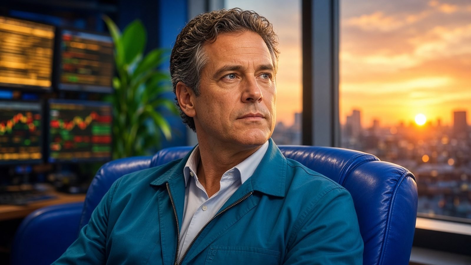A teal-jacket trader at a royal-blue chair with amber monitor glow and an orange sunrise window