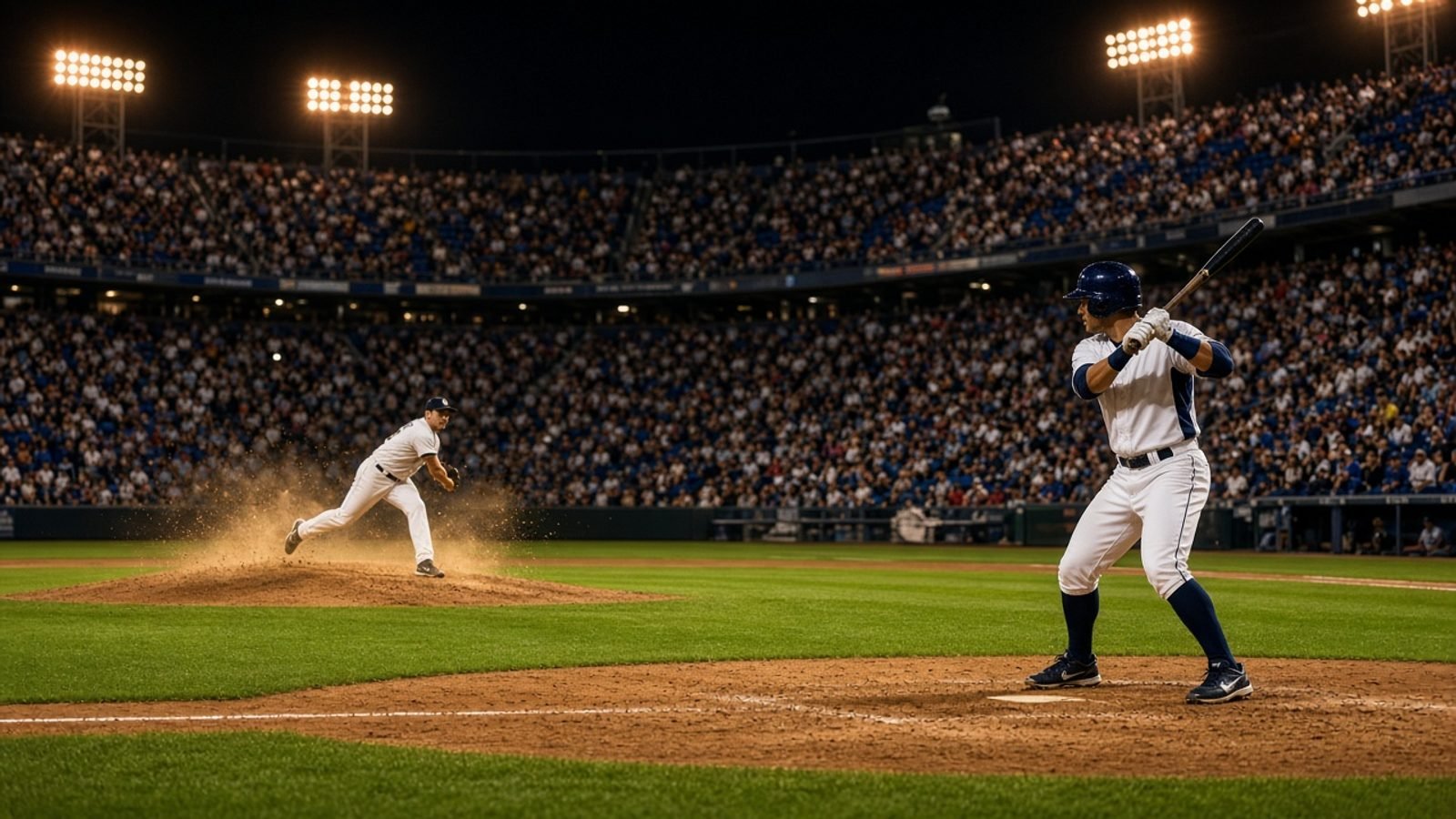 A batter and pitcher on vivid green grass under gold stadium lights and royal-blue seats