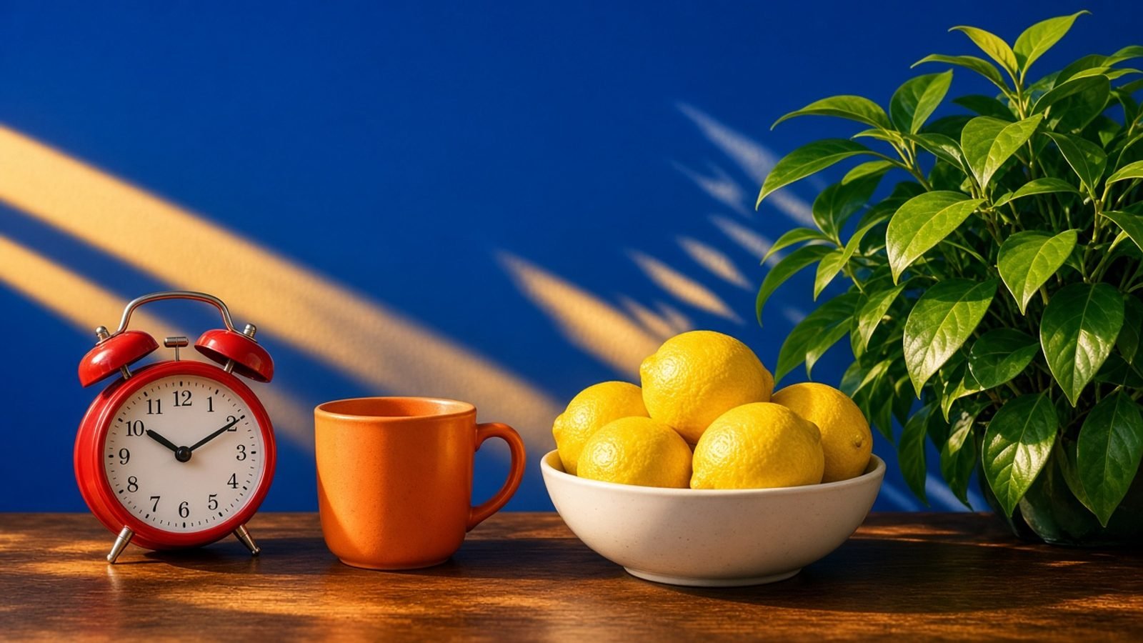 A red-handed clock beside an orange mug, yellow lemons, and a green plant on a cobalt wall