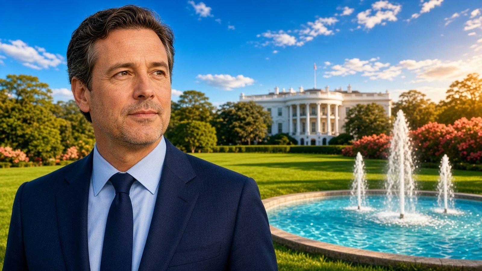 A navy-suited person on an emerald lawn beside a turquoise fountain under royal-blue sky