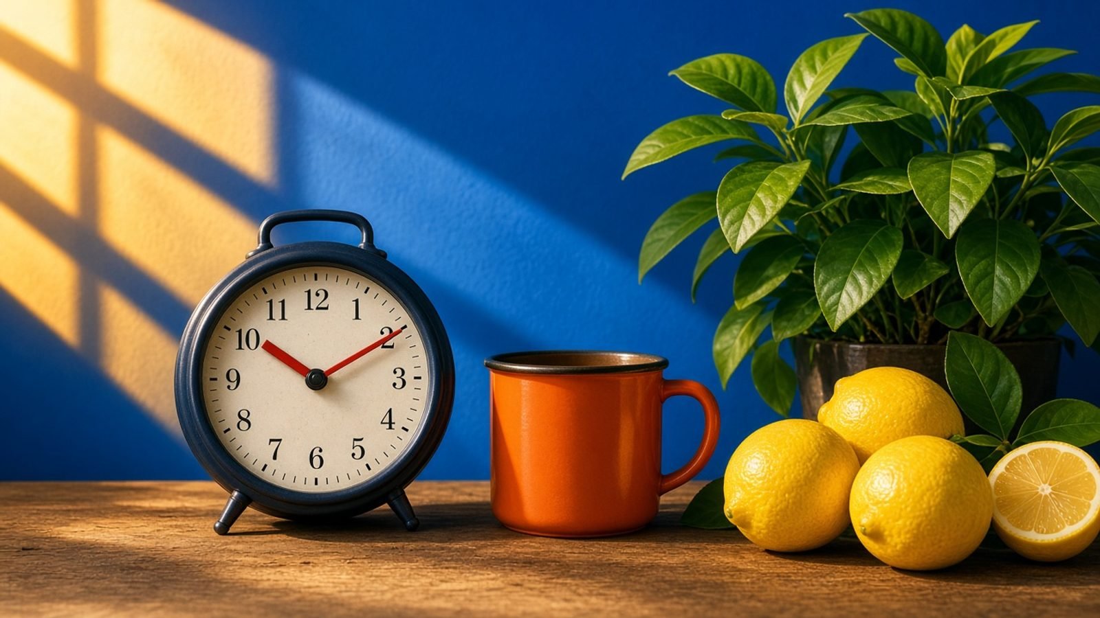A red-handed clock beside an orange mug, yellow lemons, and a green plant on a cobalt wall