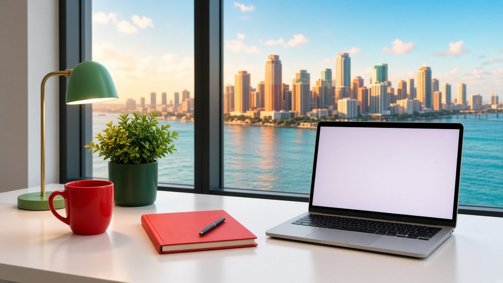 A Monday midday news desk with a red mug, green lamp, and orange sunlit skyline